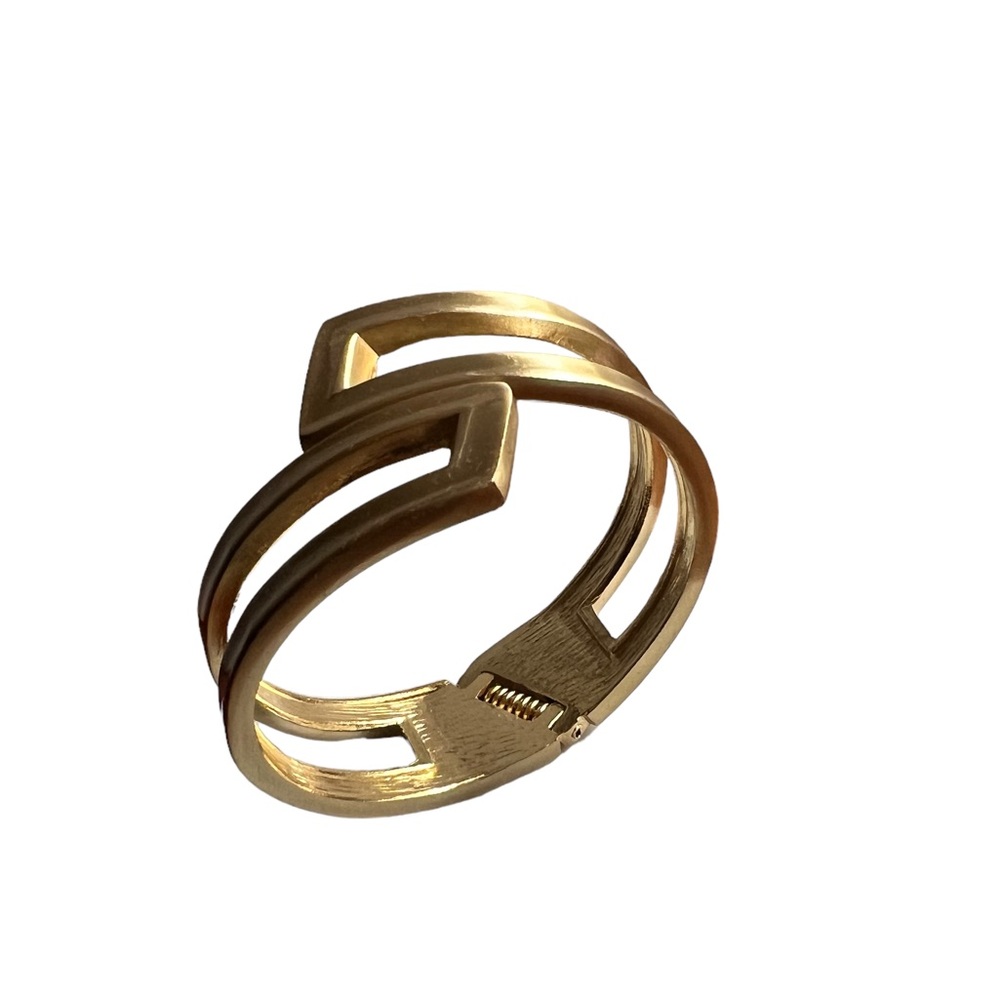 Gold Tone Satin finish Hinged‎ bangle Bracelet - Picture 2 of 6